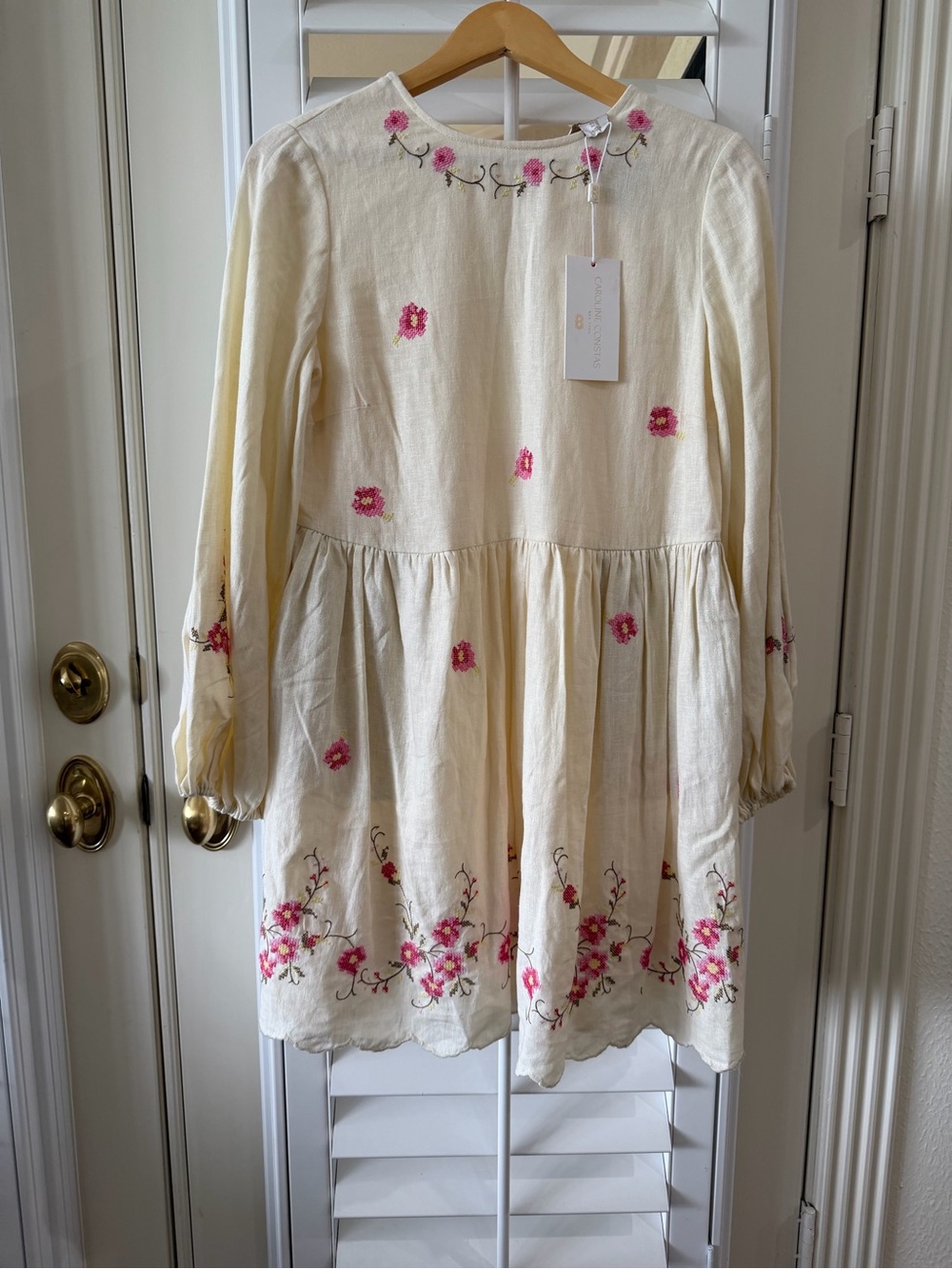 Women’s Cream Floral Embroidered Long-Sleeve Dress